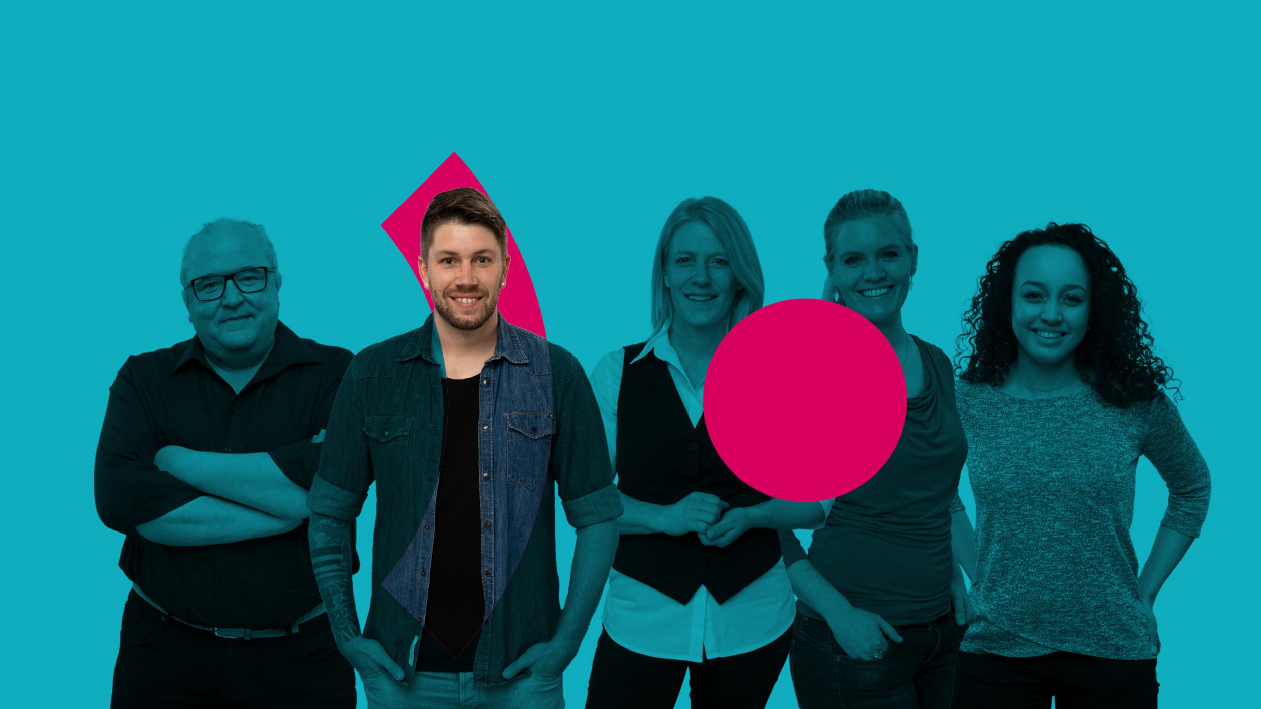 Gruppenbild-Collage aus Mitarbeitenden des Pfalzklinikums mit einer Person farblich hervorgehoben