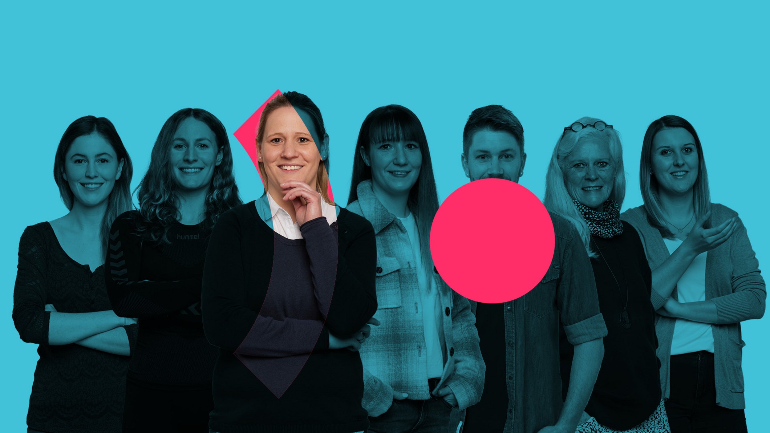 Collage Gruppe von Mitarbeitenden vor blauem Hintergrund