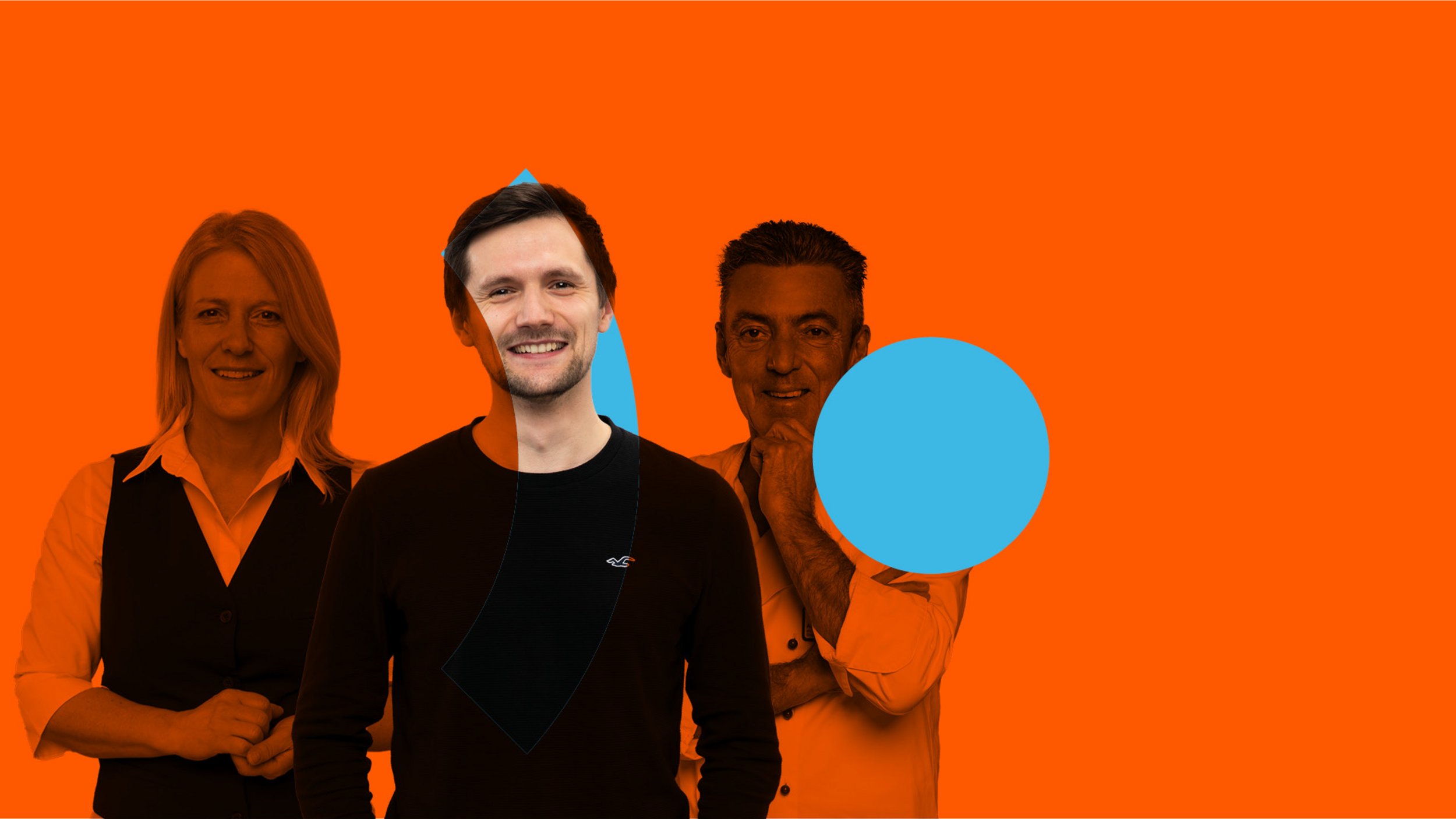 Gruppenbild-Collage vor orangem Hintergrund