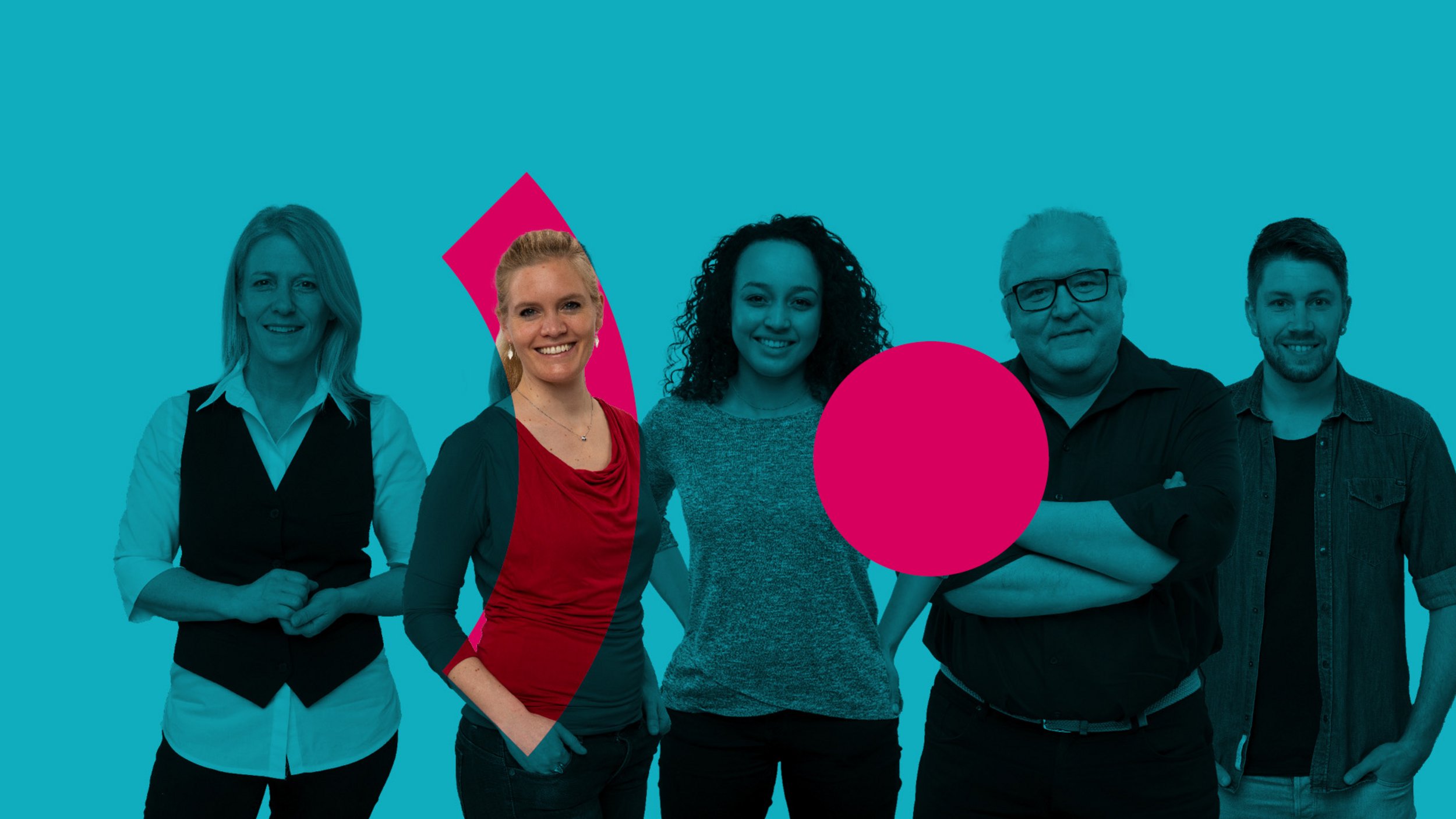 Gruppenbild-Collage aus Mitarbeitenden des Pfalzklinikums mit einer Person farblich hervorgehoben