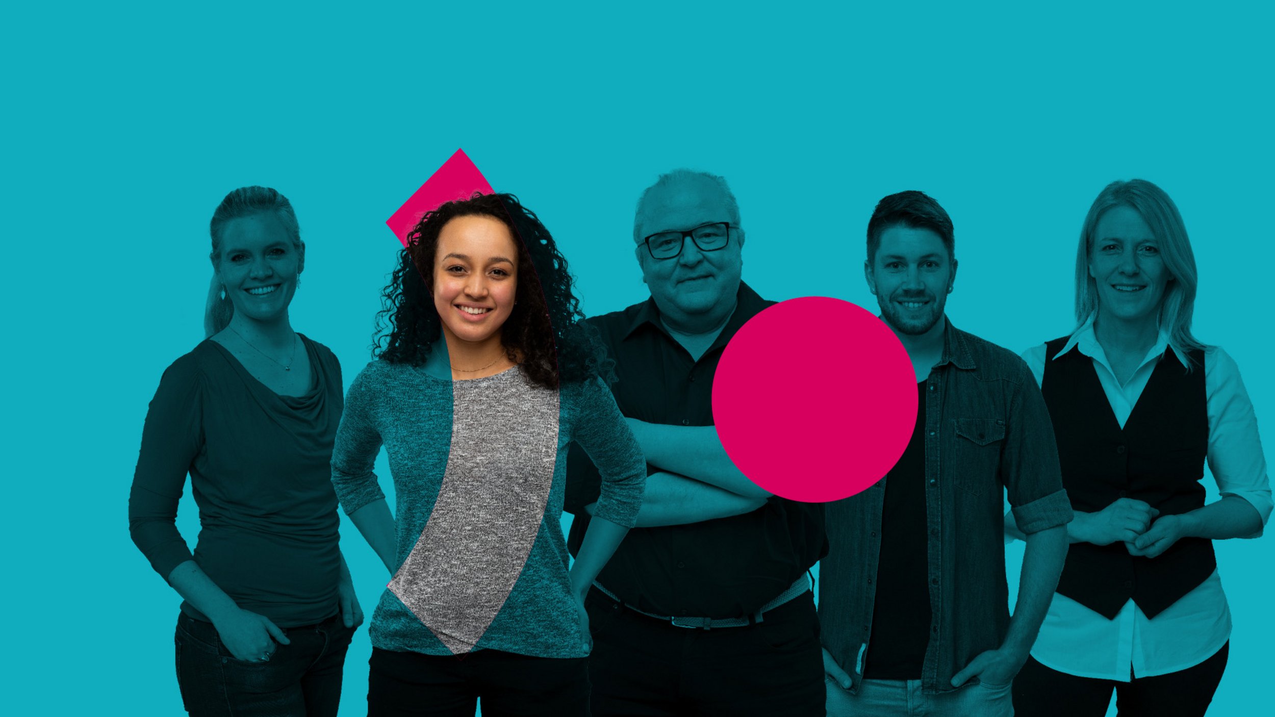 Gruppenbild-Collage aus Mitarbeitenden des Pfalzklinikums mit einer Person farblich hervorgehoben