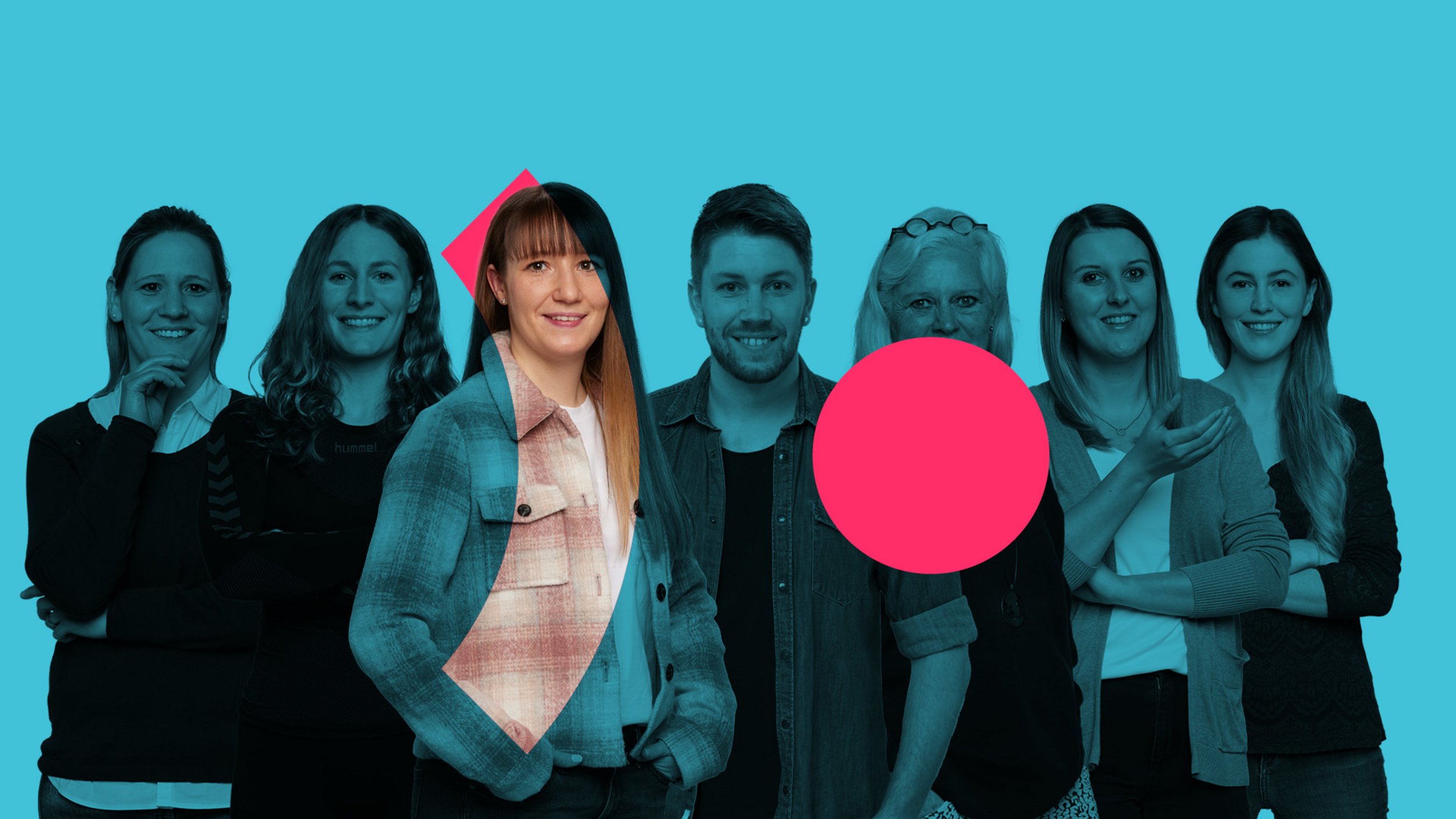 Collage Gruppe von Mitarbeitenden vor blauem Hintergrund