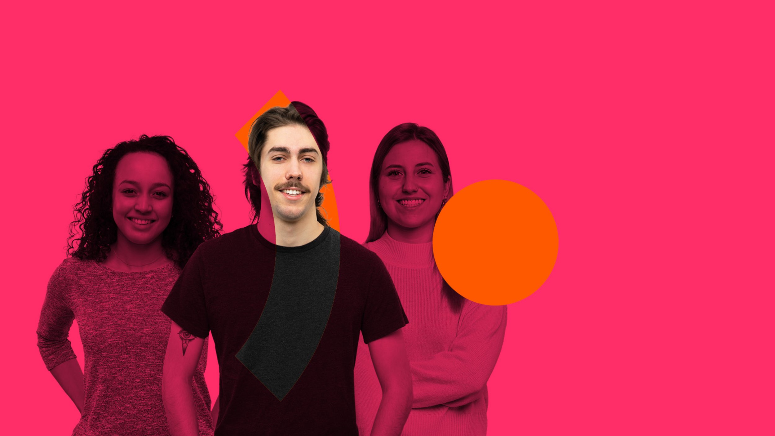 Drei Mitarbeitendenportraits vor pinkem Hintergrund