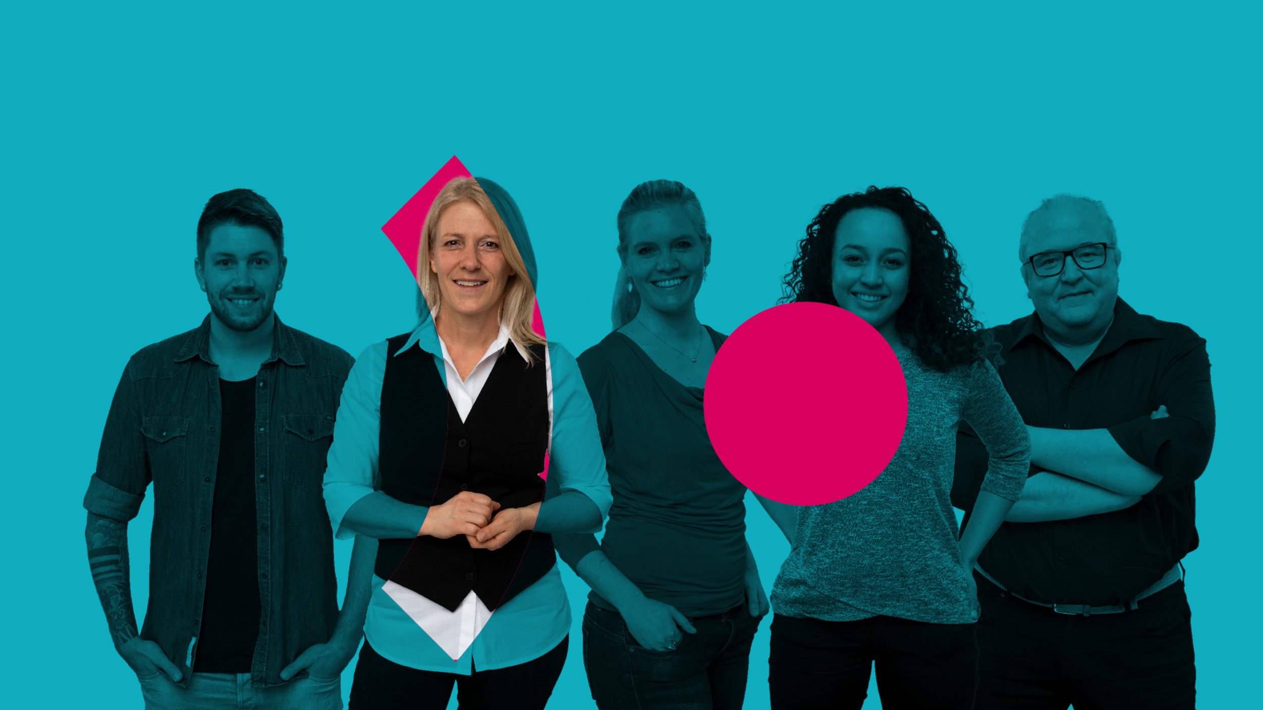 Gruppenbild-Collage aus Mitarbeitenden des Pfalzklinikums mit einer Person farblich hervorgehoben