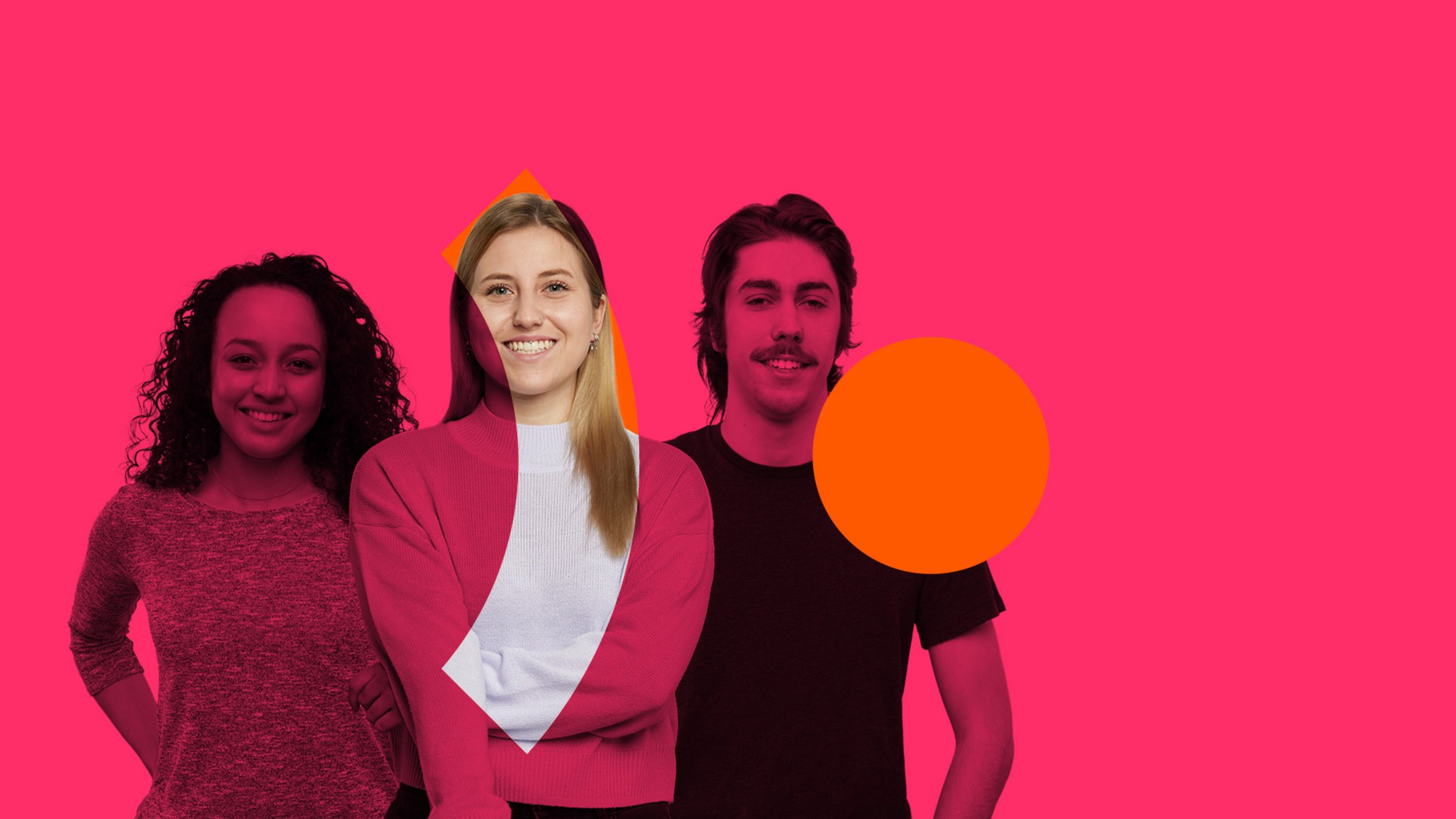 Drei Mitarbeitendenportraits vor pinkem Hintergrund